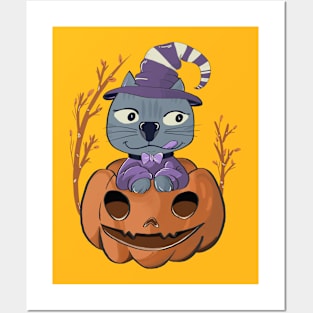 Creepy cat in pumpkin Posters and Art